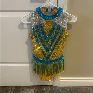 Glamour Shimmering Gold and Blue Kids Dance Costume